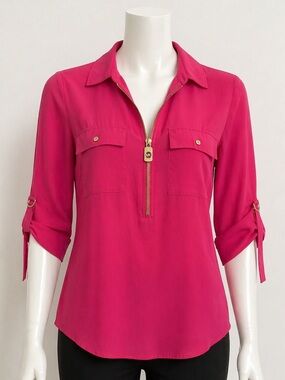 Michael Kors Fuchsia Half-Zip Roll-Sleeve Blouse